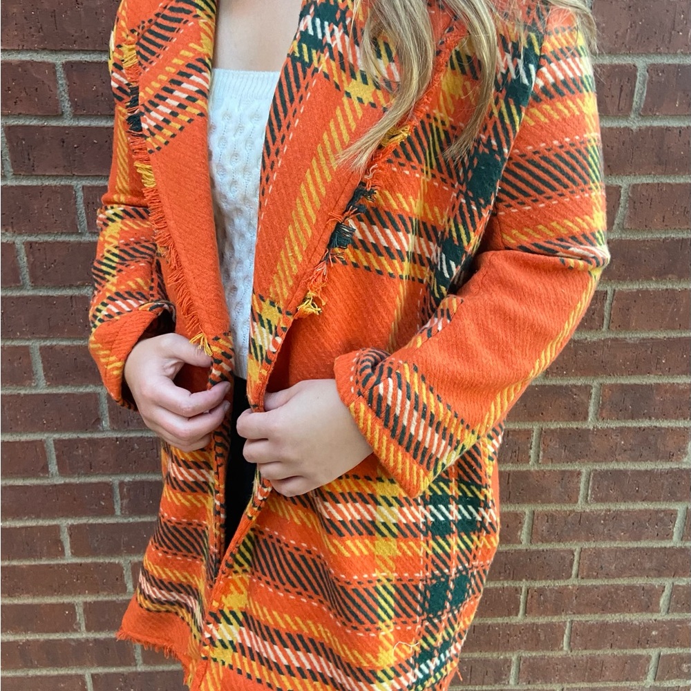 DAVI & DANI Vibrant Orange Plaid Jacket